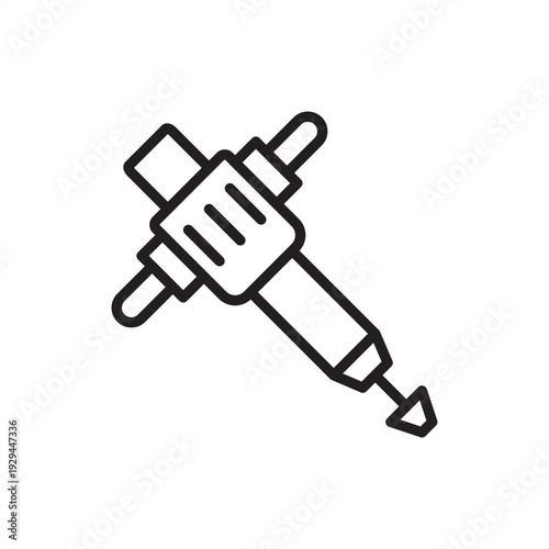 Linear vector icon of an industrial jackhammer or pneumatic drill. Ideal for representing construction machinery, demolition tools, roadwork equipment, mining operations, and heavy-duty building.