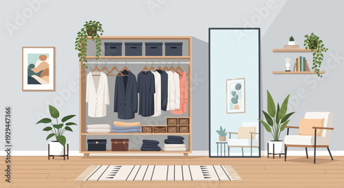 Modern Minimalist Bedroom with Wardrobe and Workspace.