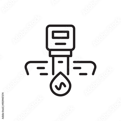 Linear vector icon of an industrial water quality tester or digital PH meter with a liquid droplet. Ideal for environmental monitoring, wastewater treatment, laboratory analysis, and chemical process.