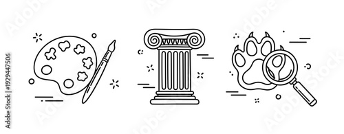 Art palette, greek column, and animal paw print with magnifying glass symbols