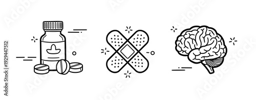 Medicine bottle, bandage cross, and brain illustration