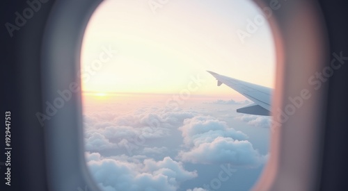 View of a plane wing with a window and clouds below