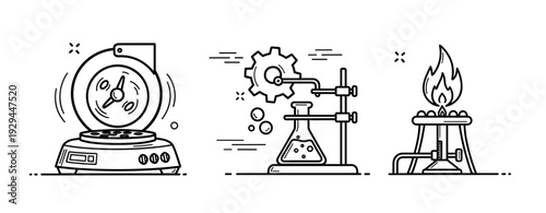 Line art of laboratory equipment: centrifuge, flask, and bunsen burner
