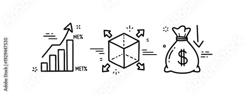 Financial growth and innovation concept: bar chart, expanding cube, money bag with dollar sign