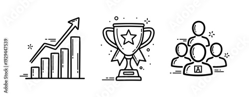 Business success icons: growth chart, trophy, team collaboration
