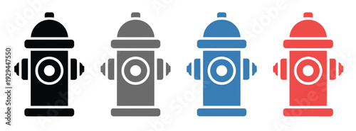 Fire hydrant safety vector icon set, includes red fire hydrants, water supply, emergency, and firefighting symbols for safety, urban planning, and public service design projects.