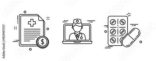 Healthcare symbols: medical document, doctor on laptop, medication icons