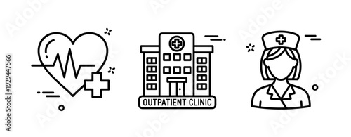 Healthcare icons: heartbeat, outpatient clinic, female nurse illustration