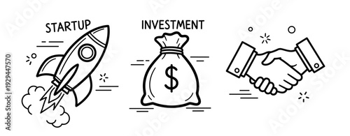 Startup rocket, investment bag, and handshake icons for business growth