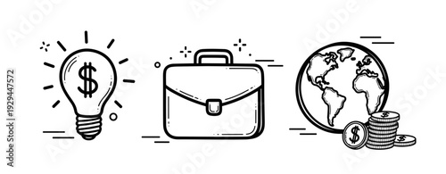 Business icons: lightbulb, briefcase, globe, and coins representing global finance