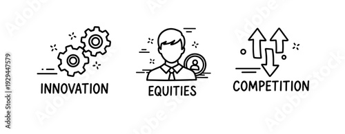 Business concepts: innovation, equities, competition illustrated with icons