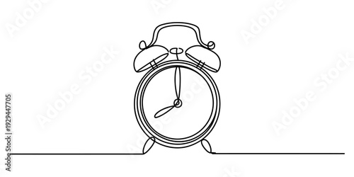 Continuous one line drawing of a classic alarm clock showing eight o'clock on a white background isolated on white background, Vector, illustration