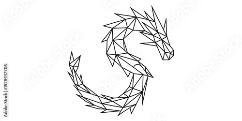 Low poly geometric line art illustration of a dragon shaped like the letter s on white background. isolated on white background, Vector, illustration
