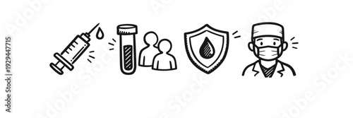 Healthcare icons: vaccine, test tube, people, shield, doctor - black and white illustration