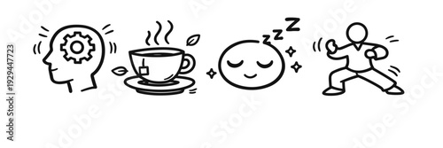 Mindfulness and wellness icons: mental clarity, relaxation, and physical activity
