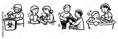 Cartoon sequence of doctor treating wound and parent bathing child
