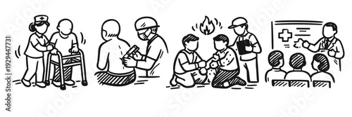 Medical professionals assisting diverse patients with care and training