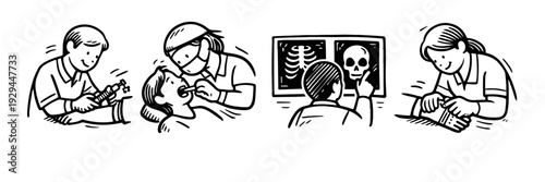 Dental clinic illustrations: procedures, x-rays, and patient care by dental professionals