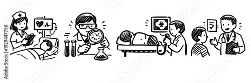 Healthcare professionals caring for patients: medical staff, equipment, and monitoring