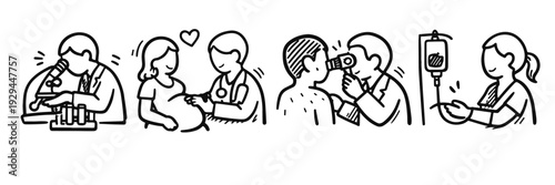 Healthcare icons: medical research, pregnant consultation, health checkup, iv therapy