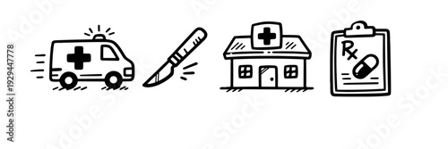 Healthcare icon set: ambulance, scalpel, hospital, prescription pad