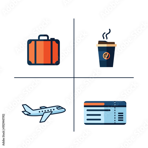 Travel and Vacation Essentials Flat Design Icons Set.