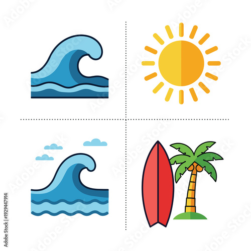 Beach vacation elements including waves sun surfboard and palm tree.