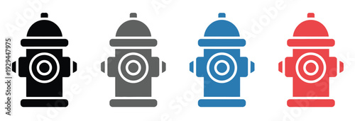 Fire hydrant icon pack, vector illustrations representing safety, emergency preparedness, water supply, and firefighting equipment for public service, urban planning, and safety awareness projects.