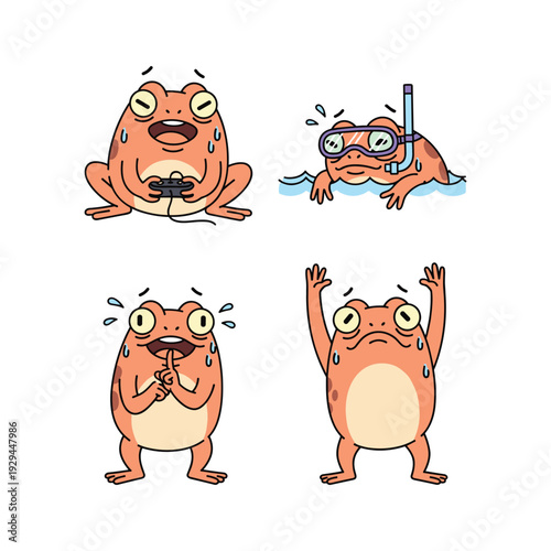 Cartoon frog experiencing different emotions and activities with humor and playfulness
