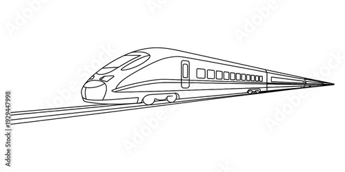 A simple line drawing of a modern high-speed train traveling quickly along a railway track. isolated on white background, Vector, illustration