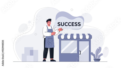 Small business owner celebrates success by opening shop store, illustration concepts