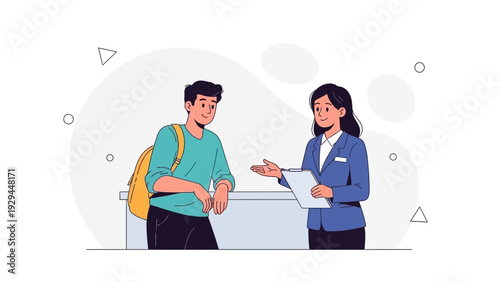 Student at reception desk getting information from staff member