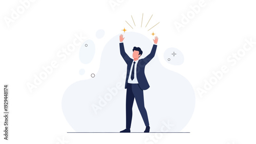 Successful businessman celebrating victory with raised hands and shining stars, flat design
