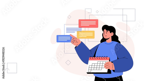 Woman planning schedule with calendar and flowchart, business strategy concept illustration