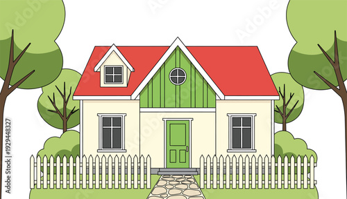 Charming suburban home with green door and picket fence