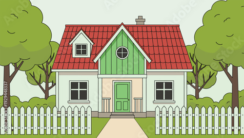 Charming cartoon house with green door and white picket fence