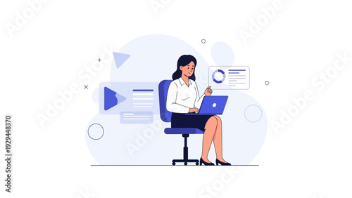 Woman Working on Laptop in Modern Office, Analyzing Data and Charts