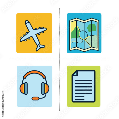 Colorful travel and communication icon set for web design.