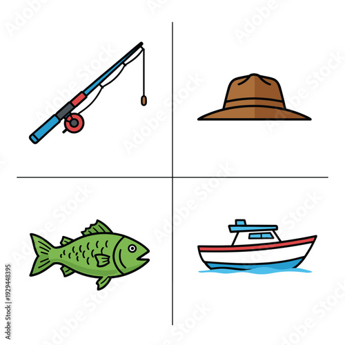 Fishing essentials - rod, hat, fish, and boat for a perfect day.