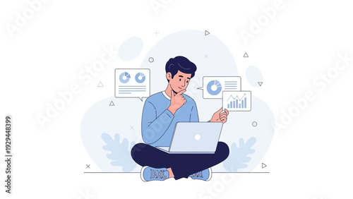 Young man analyzing data on laptop with charts and graphs, thoughtful expression, workspace concept