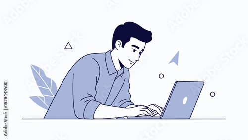 Young man typing on laptop, illustration, modern work and technology concept