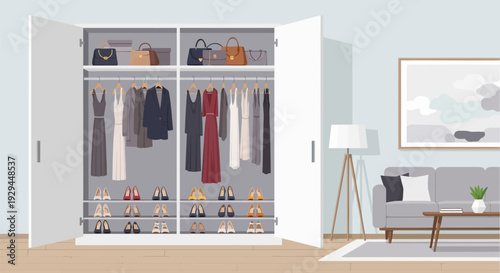 Modern white wardrobe with organized clothes and accessories in a minimalist living room.