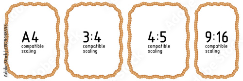 Rope frames. Set of string brush borders. Wavy rectangular, A4 compatible, 3:4, 4:5, 9:16 aspect ratio shapes for decorative nautical, western designs. Vector illustration isolated on white background