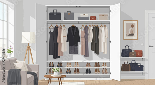 Modern wardrobe with organized clothes and accessories in a stylish room.