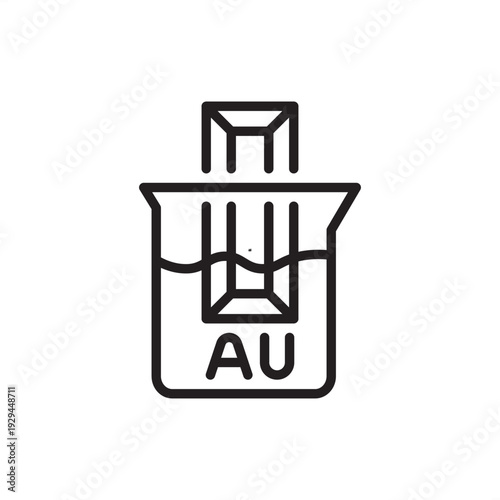 Linear vector icon of a gold refining process or electrolytic cell featuring AU symbol. Perfect for metallurgy, chemical engineering, precious metal mining, jewelry manufacturing, science education.