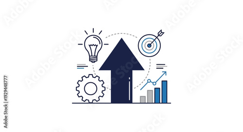 Conceptual illustration of business growth with arrow and related icons