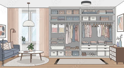 Modern spacious walk-in closet with organized storage and stylish living area.