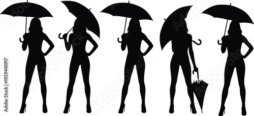 Collection of elegant woman silhouettes holding umbrellas isolated on white background, fashion female figures in standing poses, rainy weather concept for design and illustration
