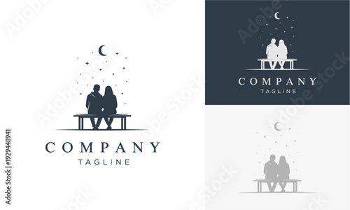 Silhouetted couple sitting together on a bench under a starry night sky with a crescent moon shining above, serene and peaceful atmosphere illustrated in a minimalist design.