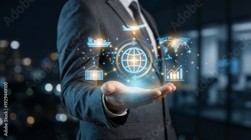 Businessman holding glowing digital icons representing global supply chain and business growth